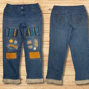 JMS Jeans Blue Yellow Hippie Flower Patched Flower Boho Fringe Plus Womens 16